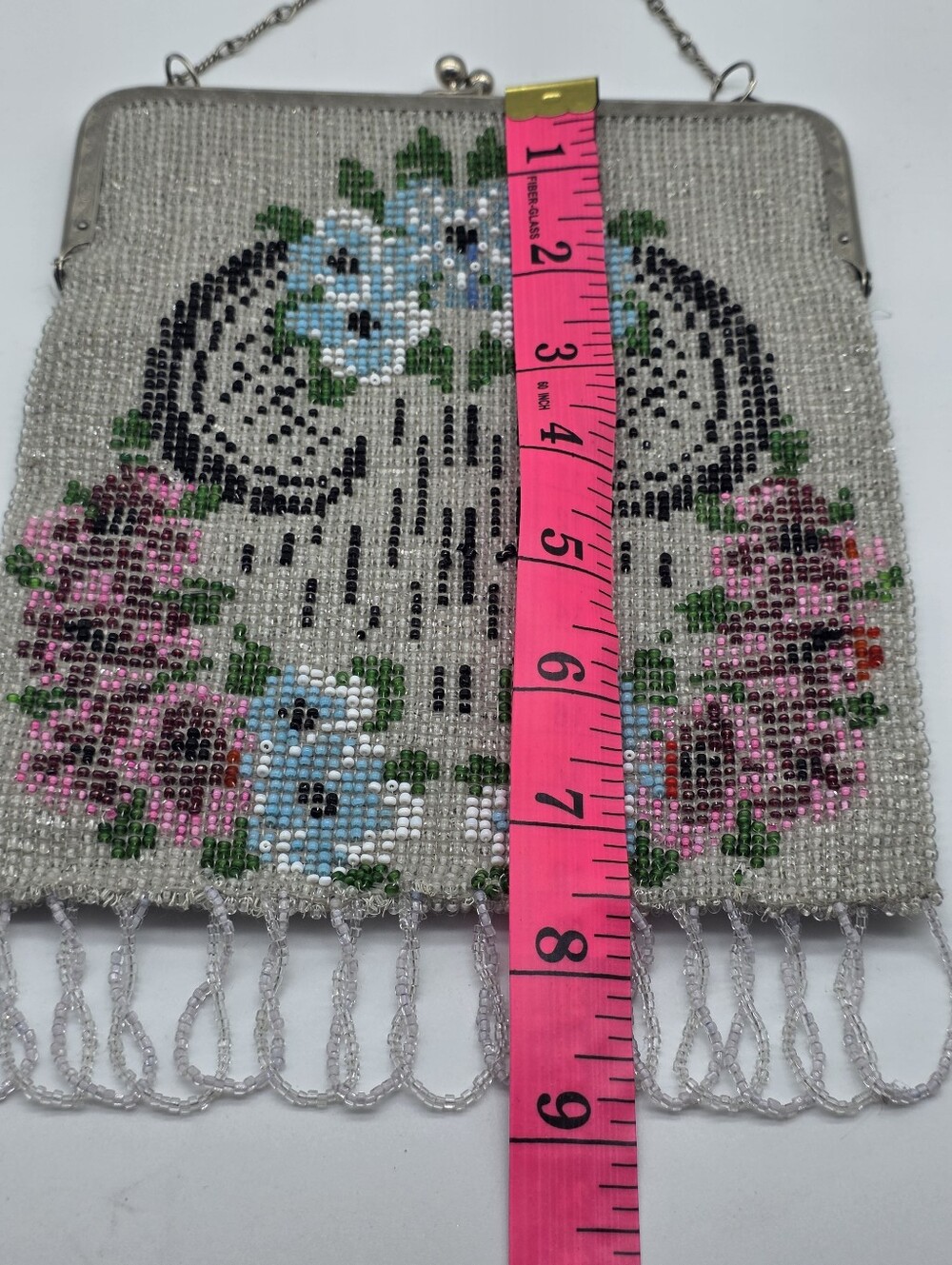 Antique Edwardian Micro Beaded Purse 1910s Floral Glass Seed Bead Evening Bag - Picture 15 of 16